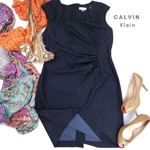 New Calvin Klein Dark Navy Side Rouged Dress Size 14